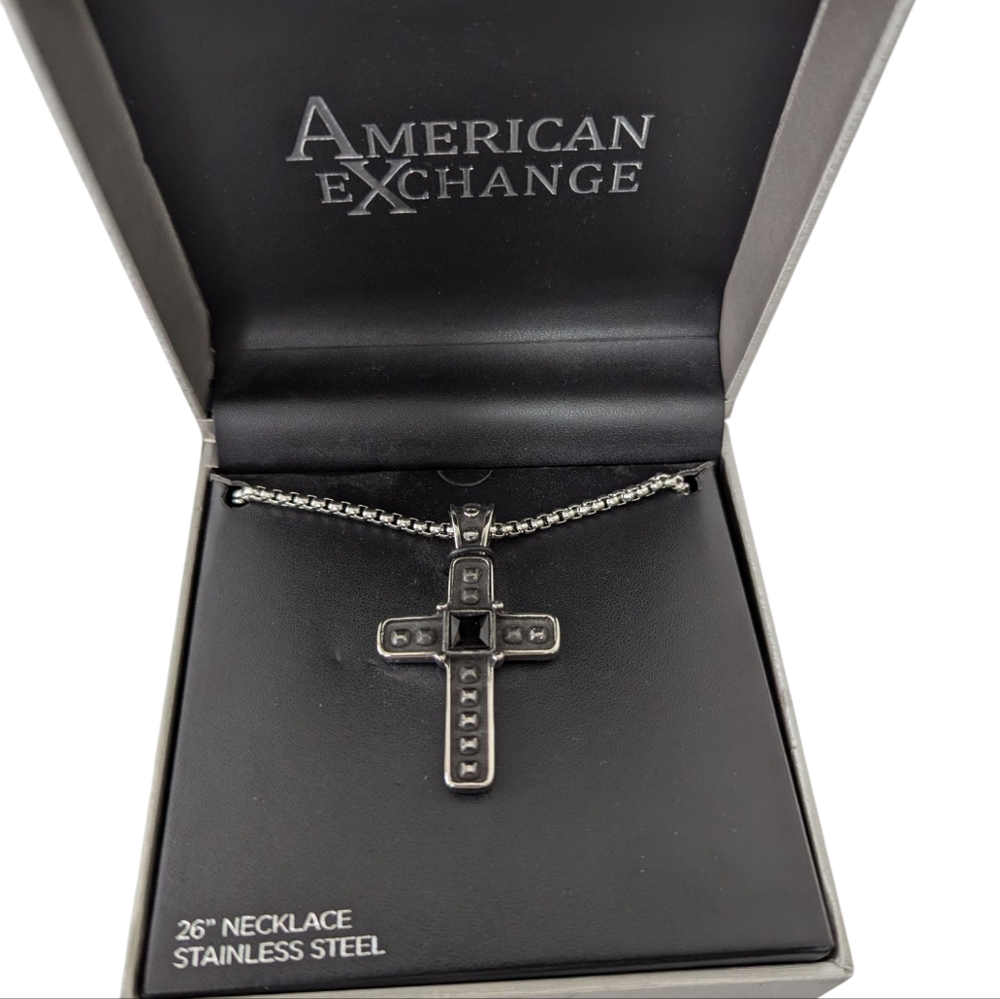 American Exchange Silver/Black Cross Necklace